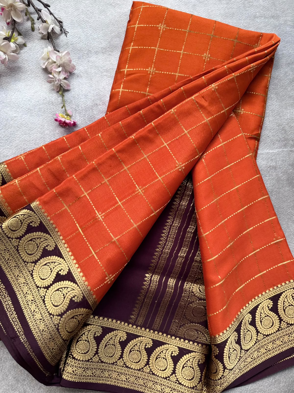 Orange Checks Pure Mysore Crepe Silk Saree 109