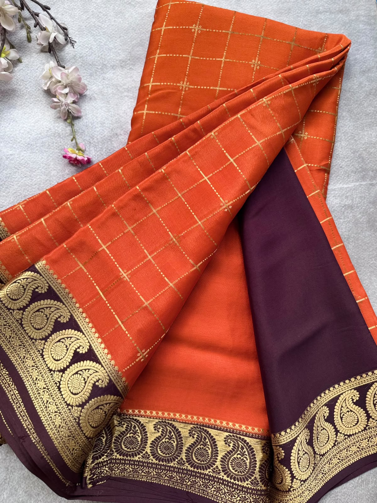 Orange Checks Pure Mysore Crepe Silk Saree 109