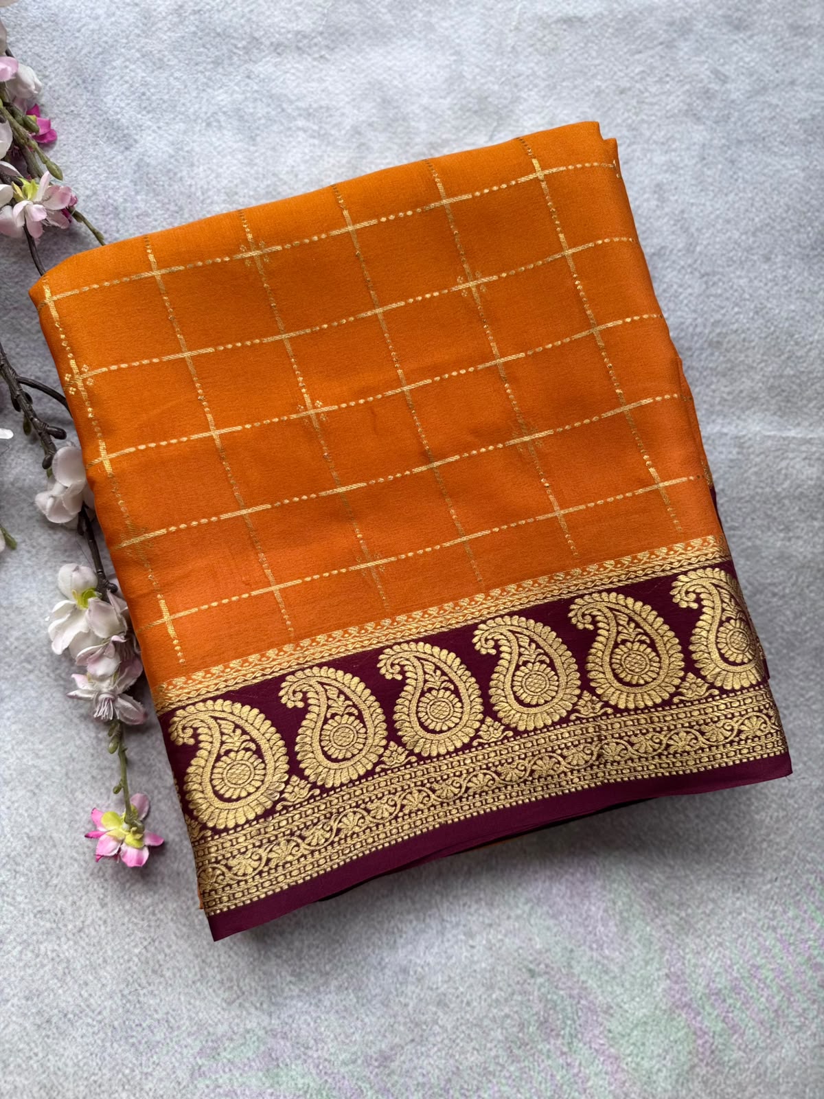 Rust Orange Checks Pure Mysore Crepe Silk Saree 109