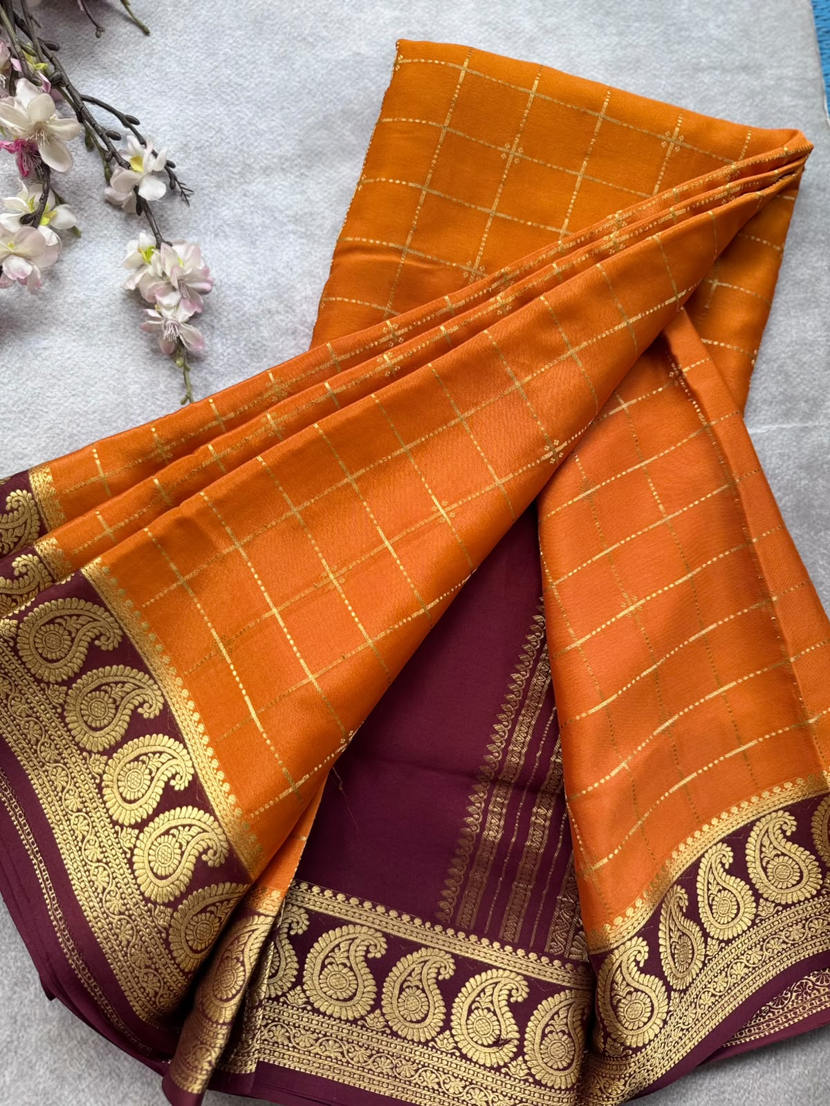 Rust Orange Checks Pure Mysore Crepe Silk Saree 109