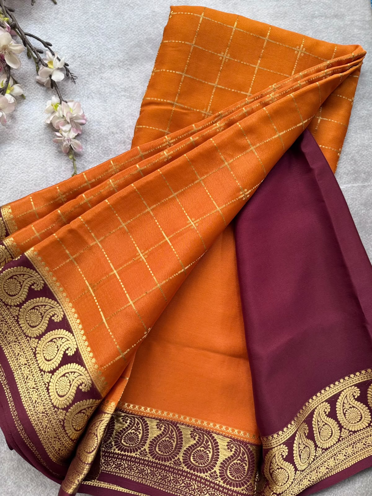 Rust Orange Checks Pure Mysore Crepe Silk Saree 109