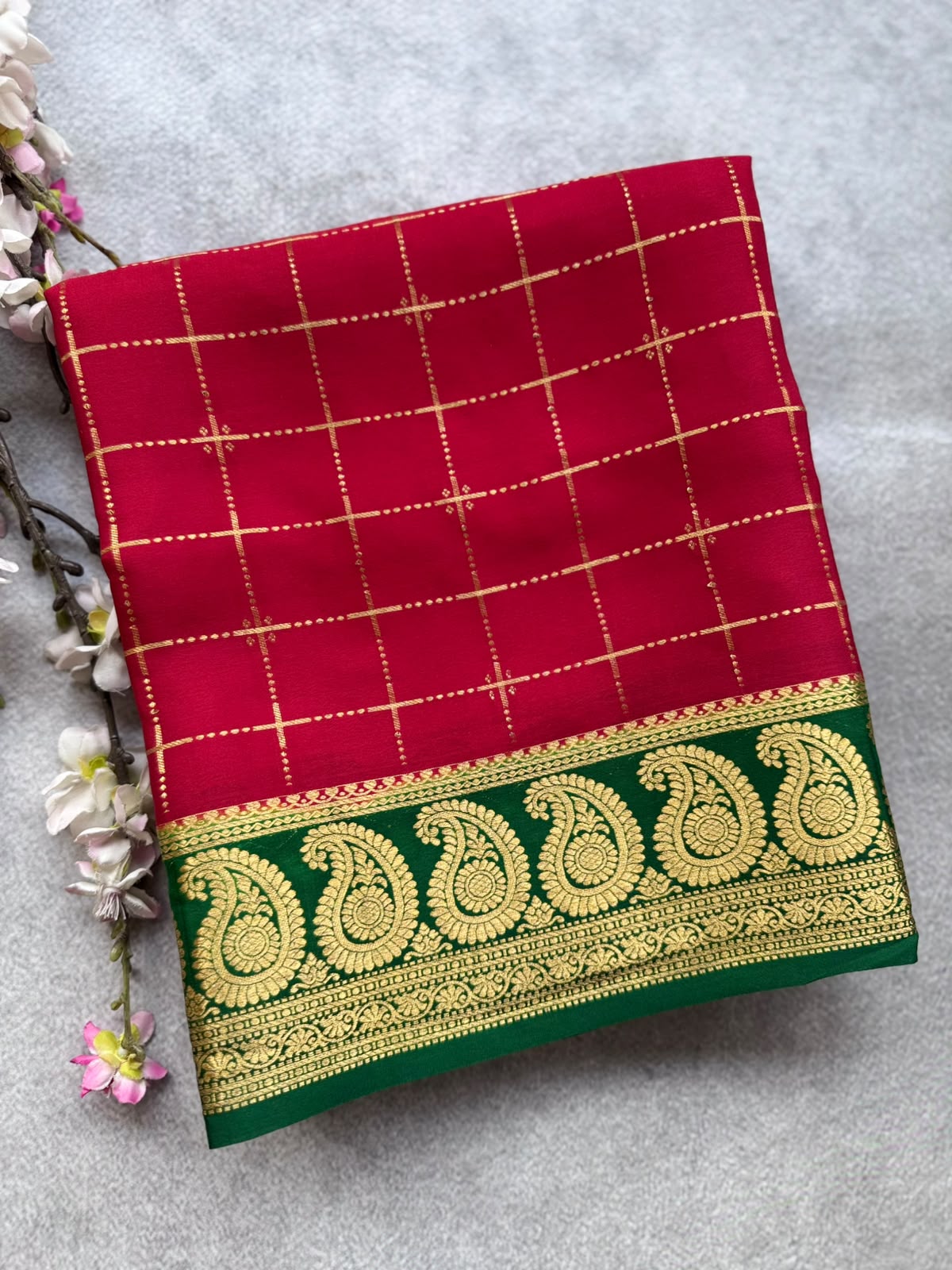 Red Checks Pure Mysore Crepe Silk Saree 109