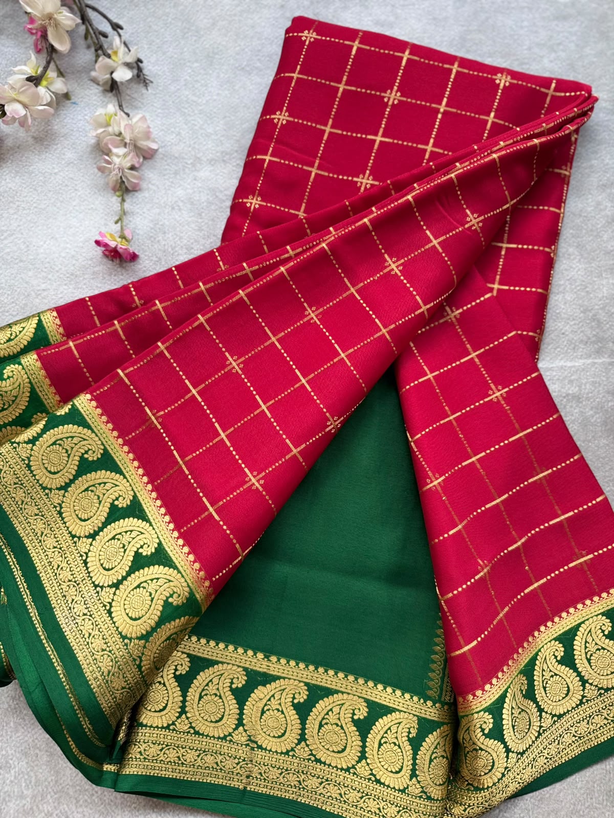 Red Checks Pure Mysore Crepe Silk Saree 109