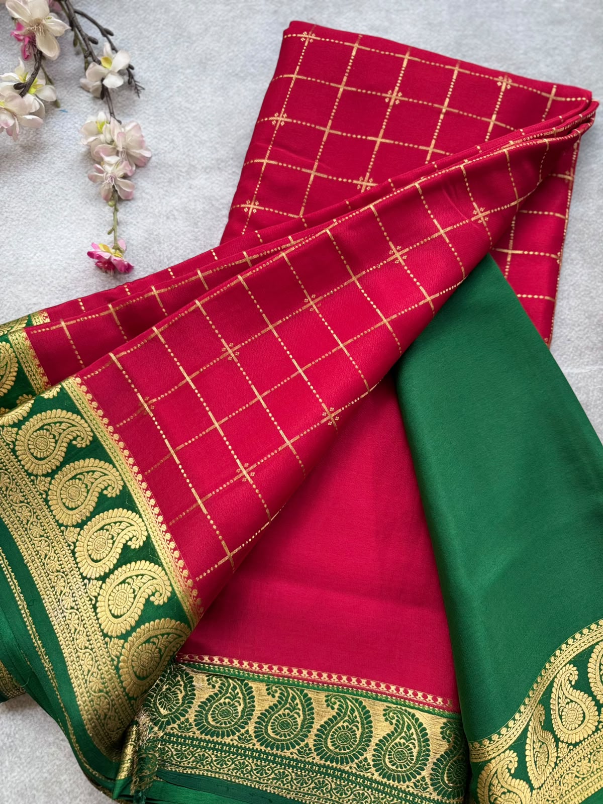 Red Checks Pure Mysore Crepe Silk Saree 109