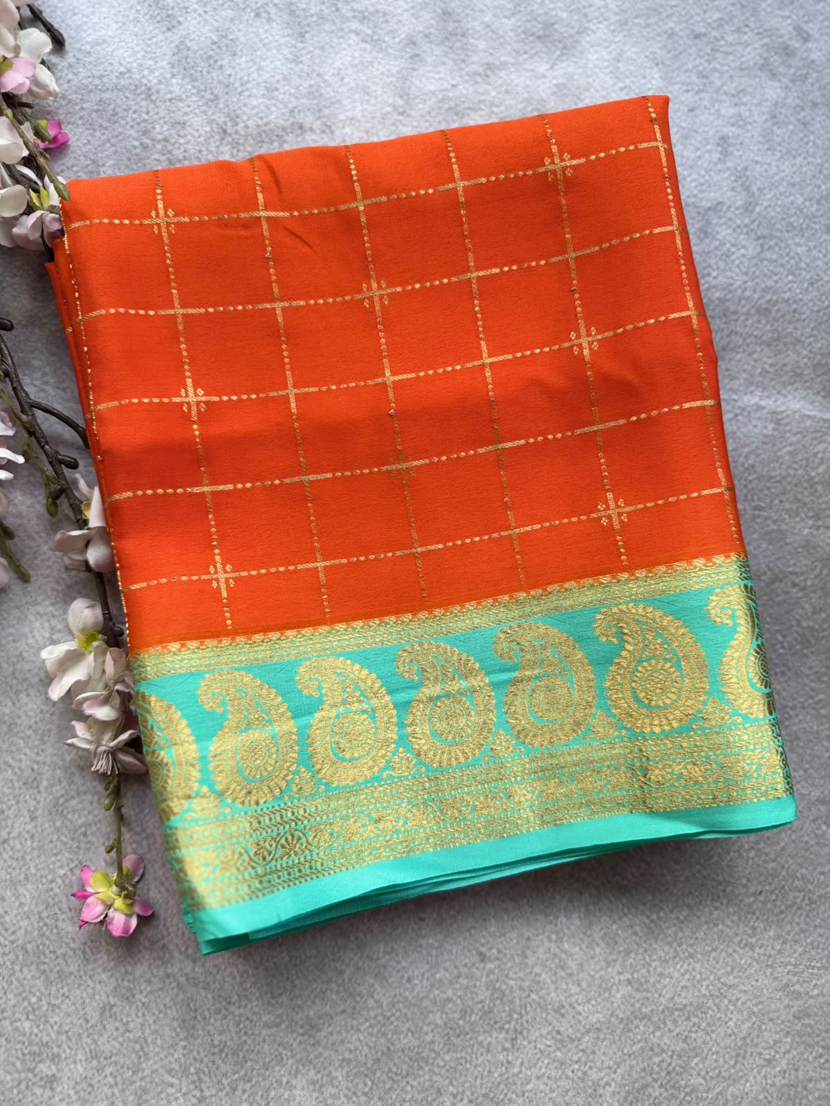 Orange Checks Pure Mysore Crepe Silk Saree 109