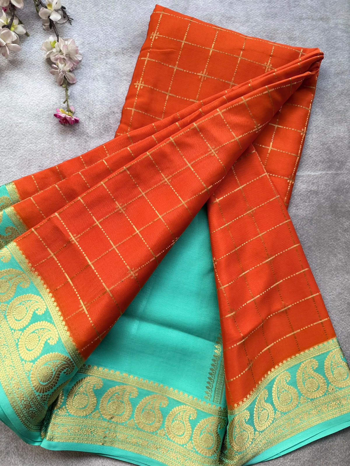 Orange Checks Pure Mysore Crepe Silk Saree 109