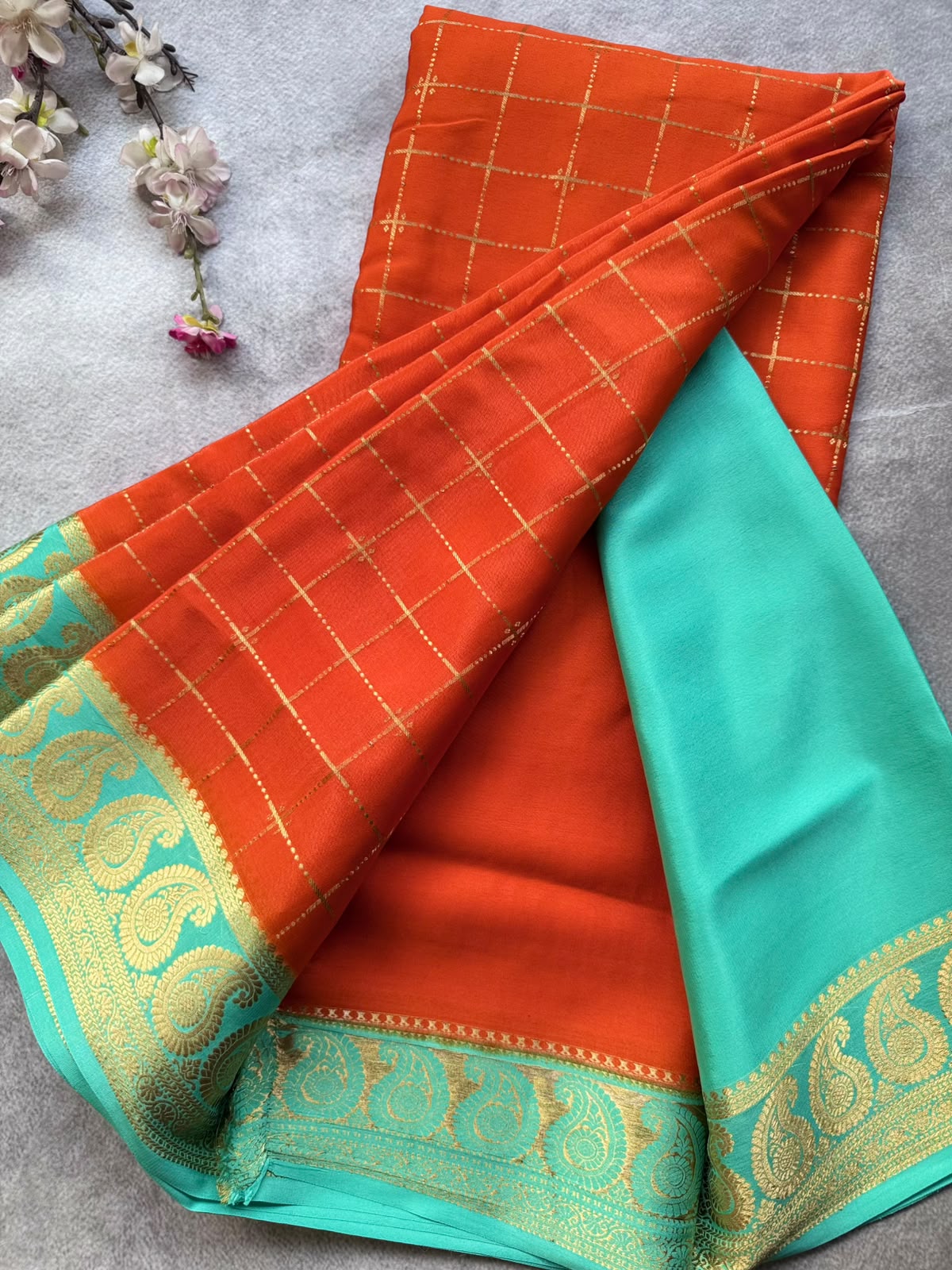 Orange Checks Pure Mysore Crepe Silk Saree 109