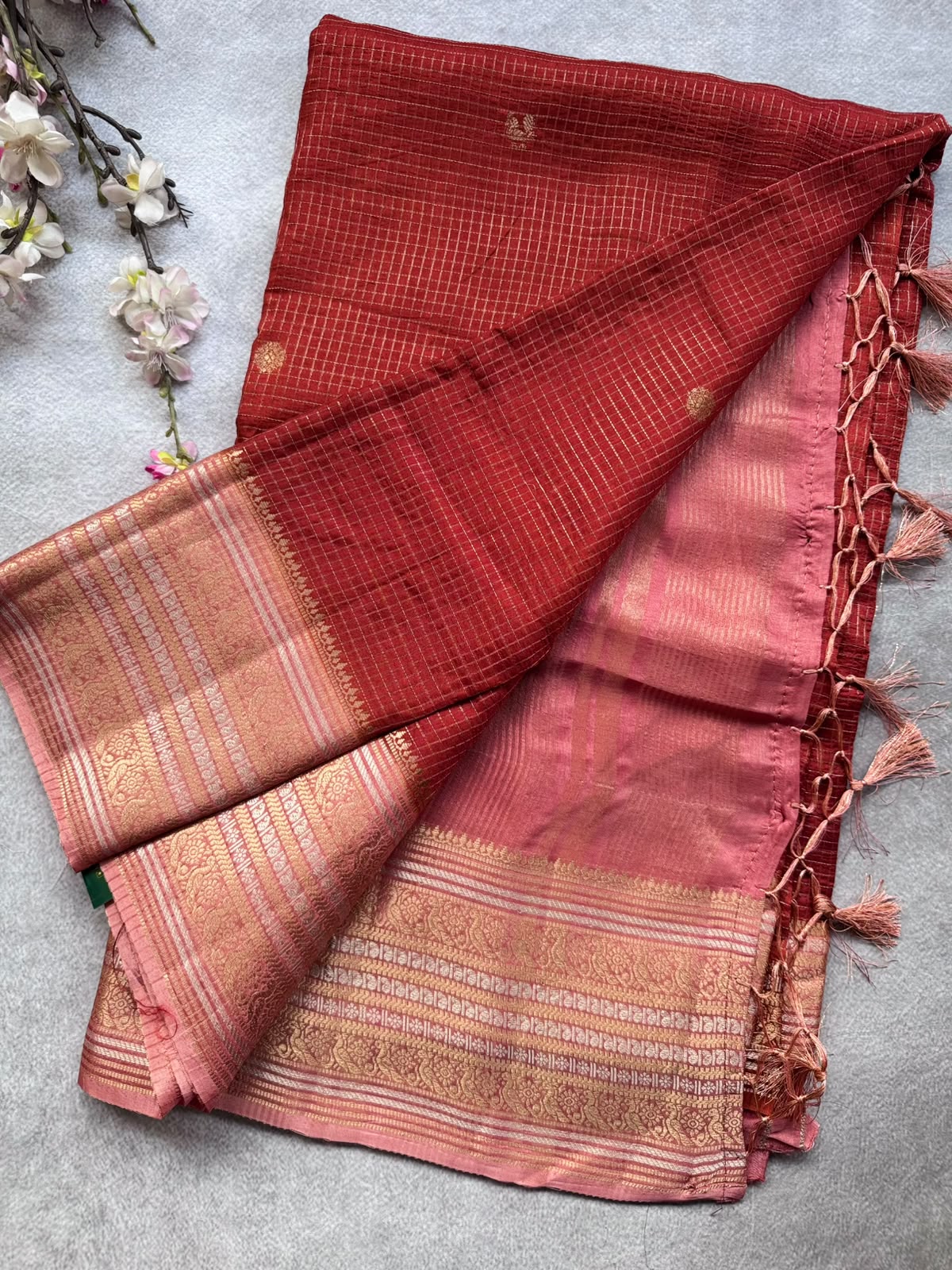 Rust Orange Checks Semi Crepe Saree 109