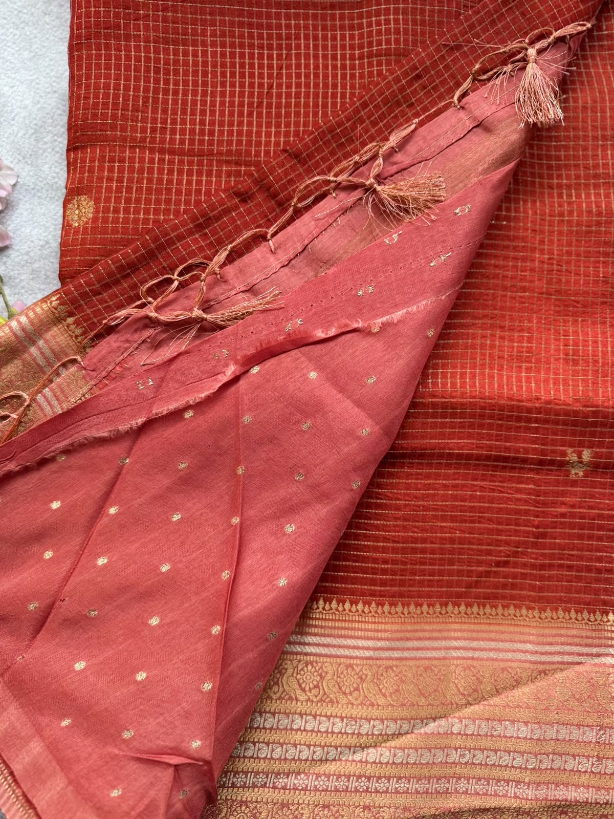 Rust Orange Checks Semi Crepe Saree 109
