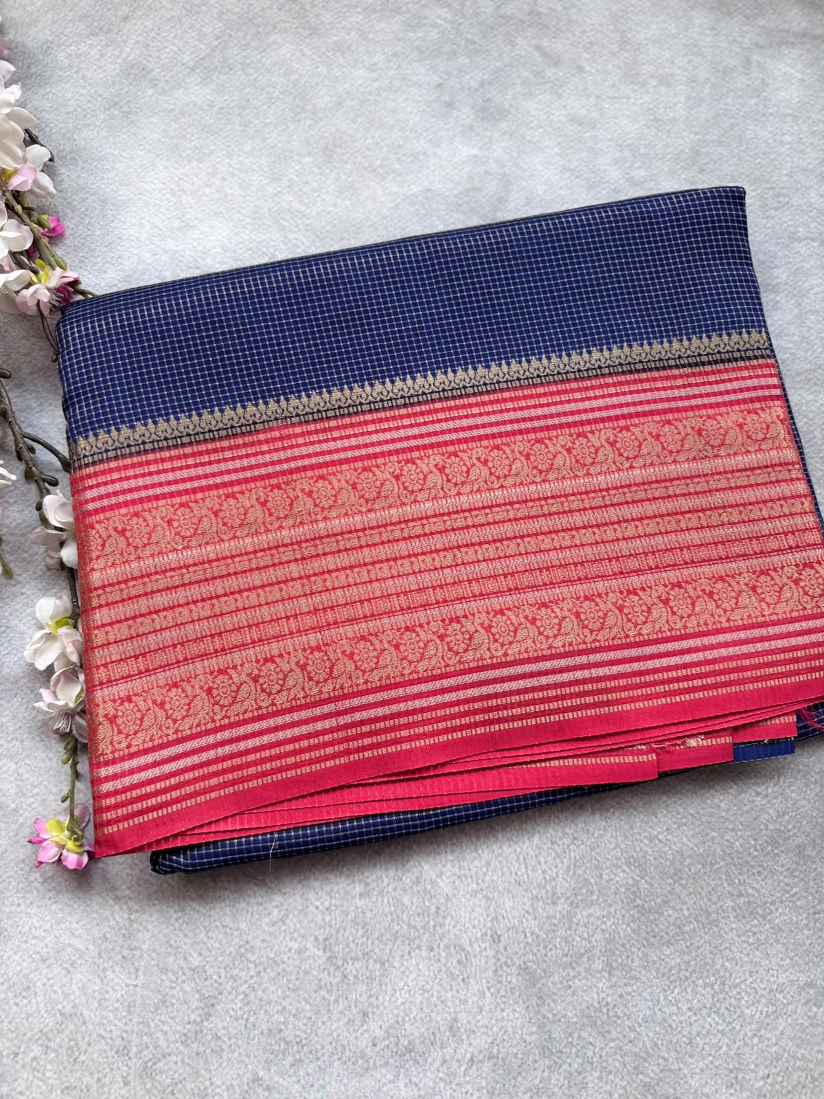 Navy Blue Checks Semi Crepe Saree 109