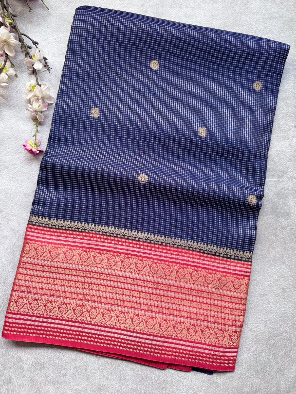 Navy Blue Checks Semi Crepe Saree 109