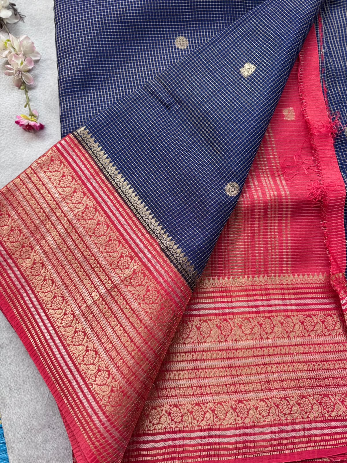 Navy Blue Checks Semi Crepe Saree 109
