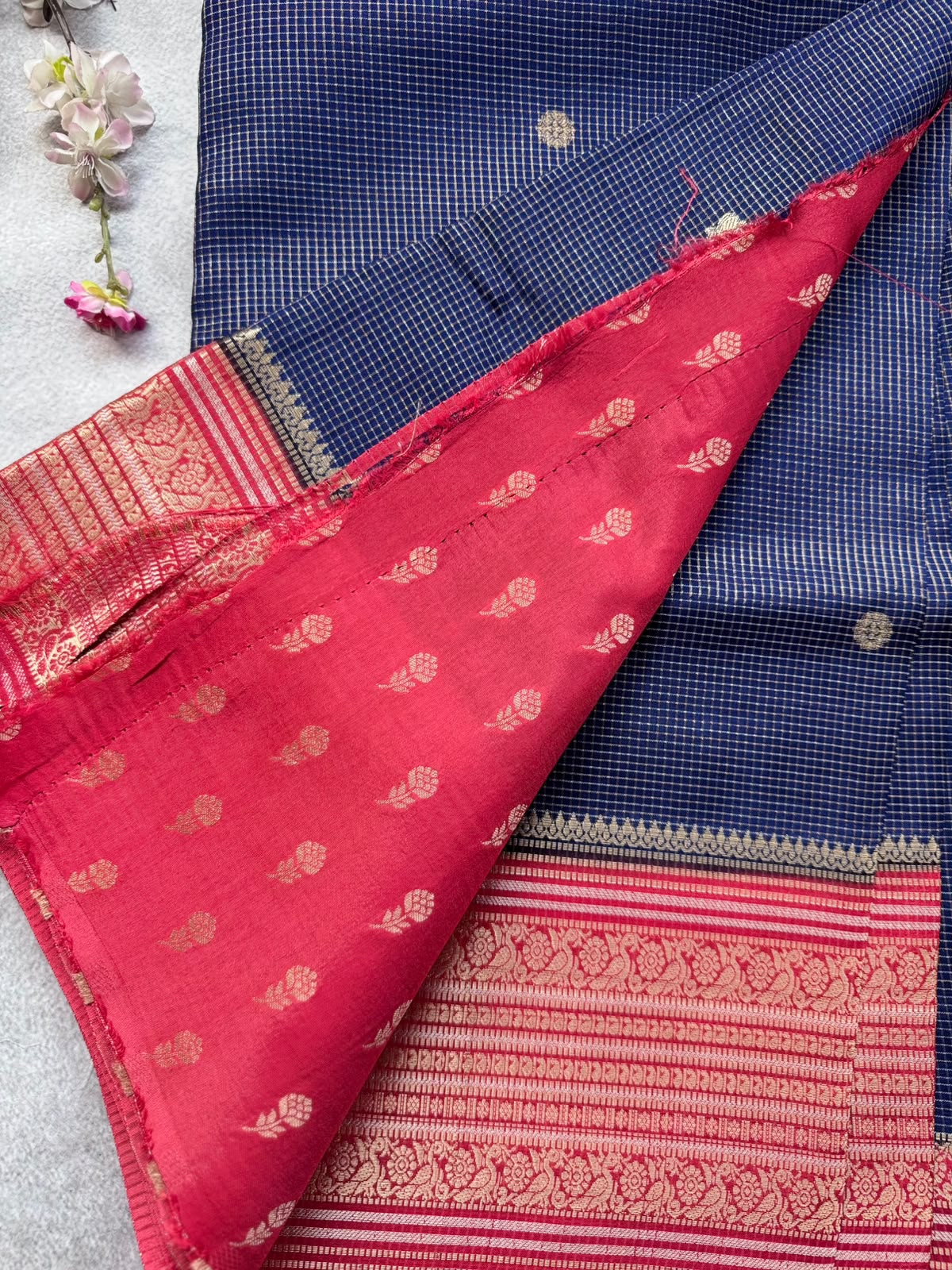 Navy Blue Checks Semi Crepe Saree 109