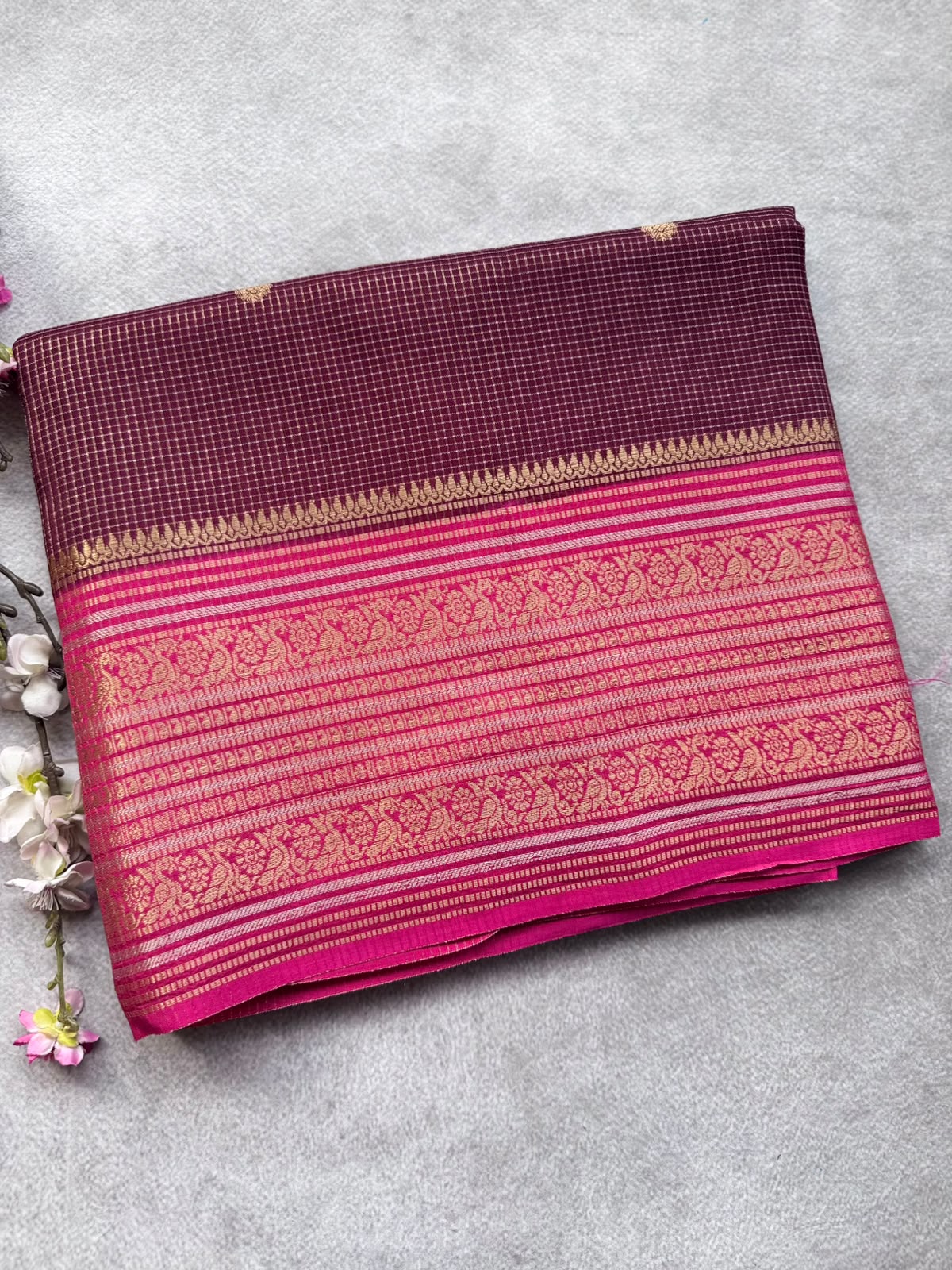 Wine Checks Semi Crepe Saree 109