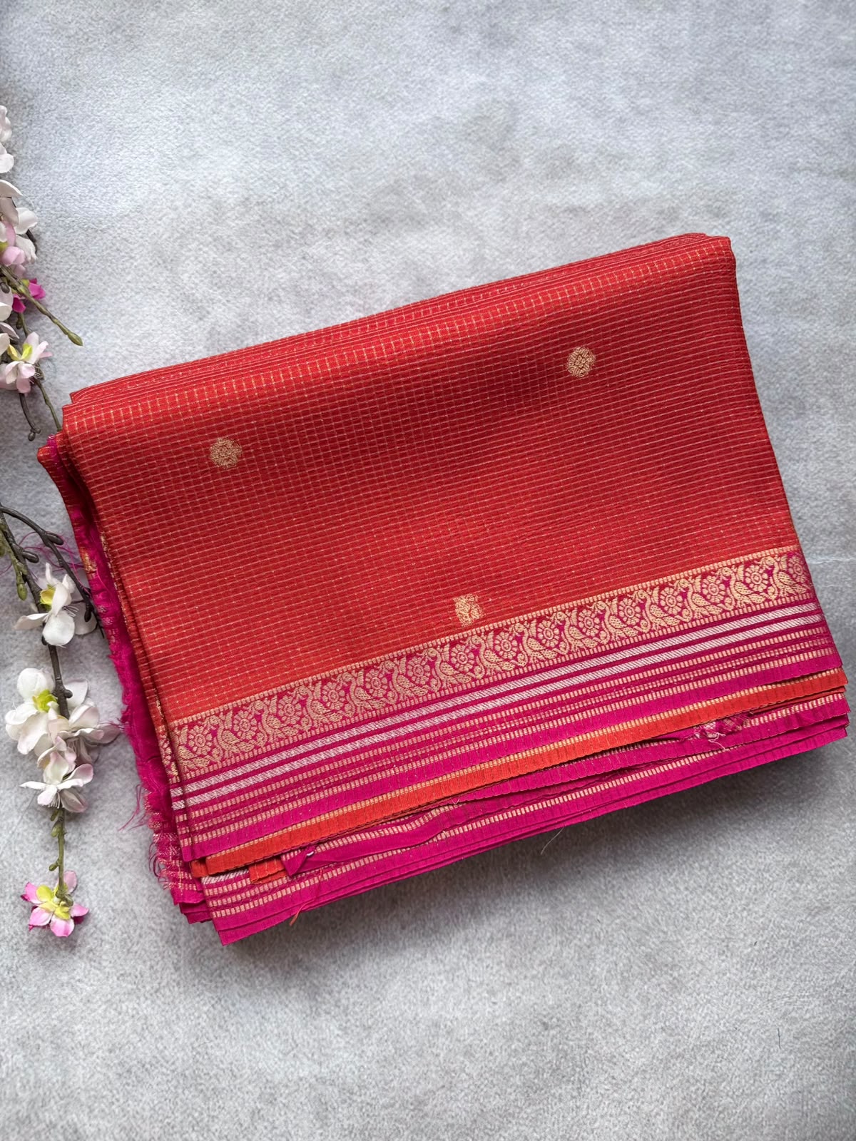 Orange Checks Semi Crepe Saree 109
