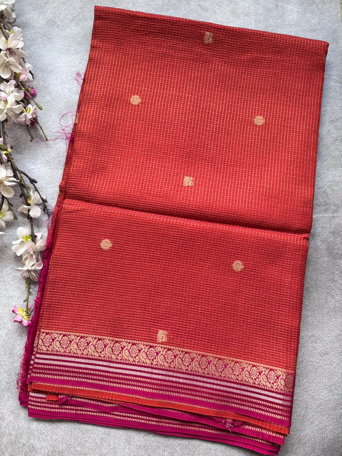 Orange Checks Semi Crepe Saree 109
