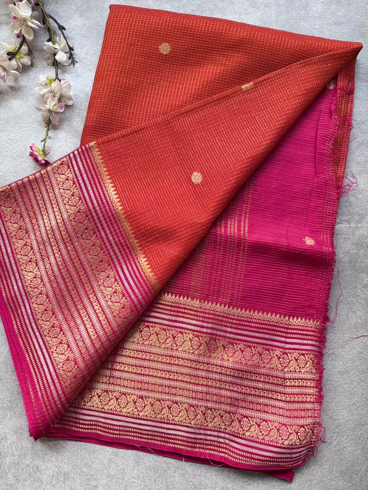 Orange Checks Semi Crepe Saree 109