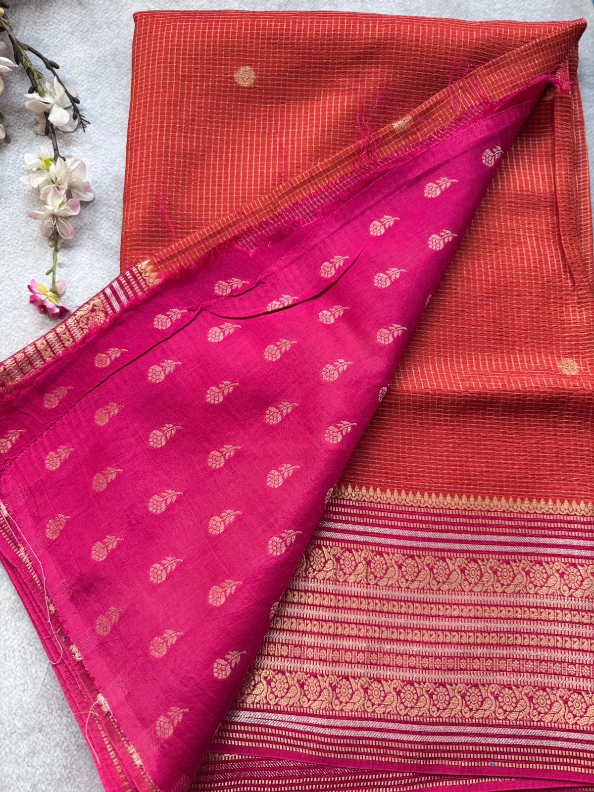 Orange Checks Semi Crepe Saree 109