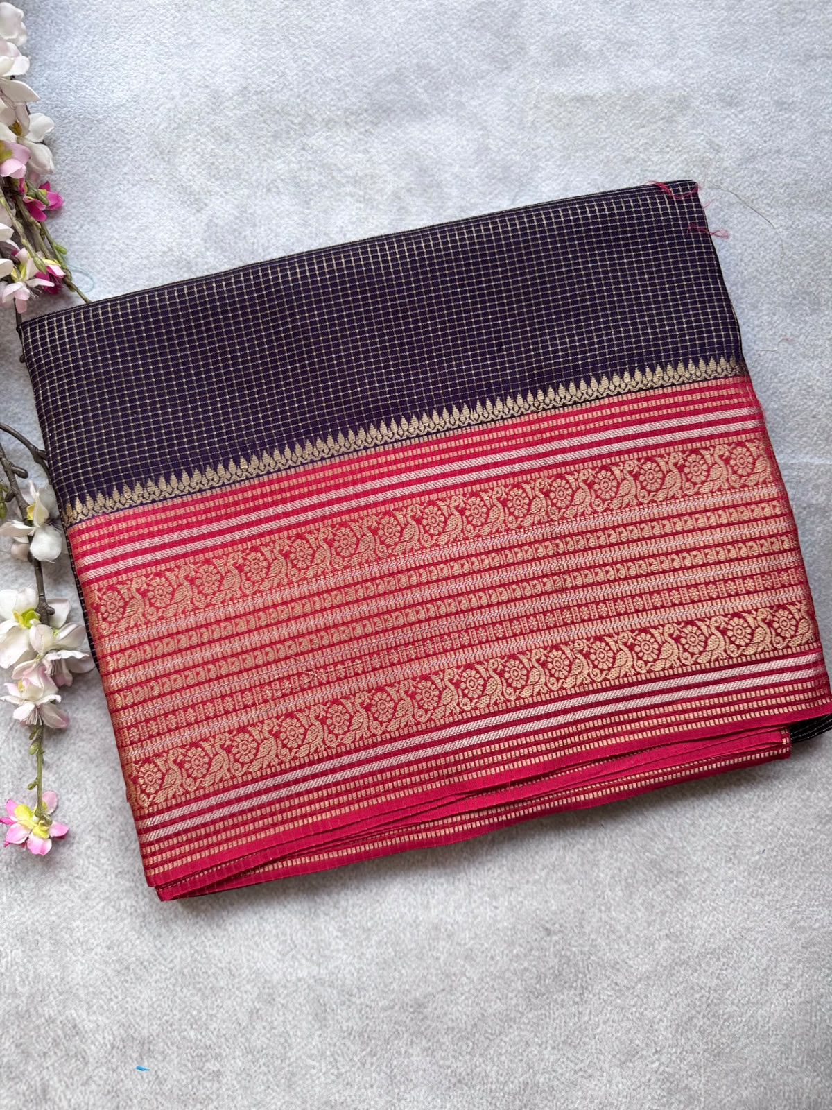 Navy Blue Checks Semi Crepe Saree 109