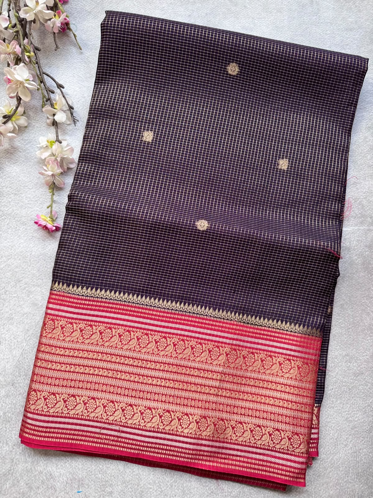 Navy Blue Checks Semi Crepe Saree 109