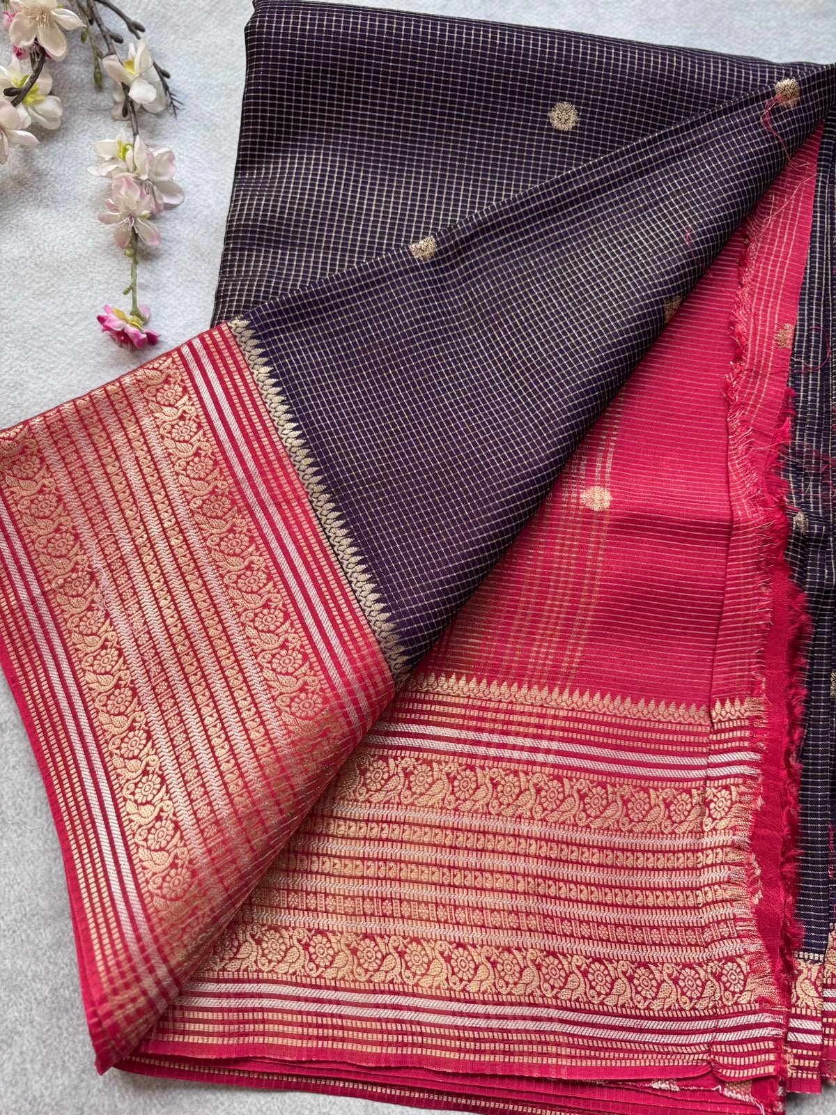 Navy Blue Checks Semi Crepe Saree 109