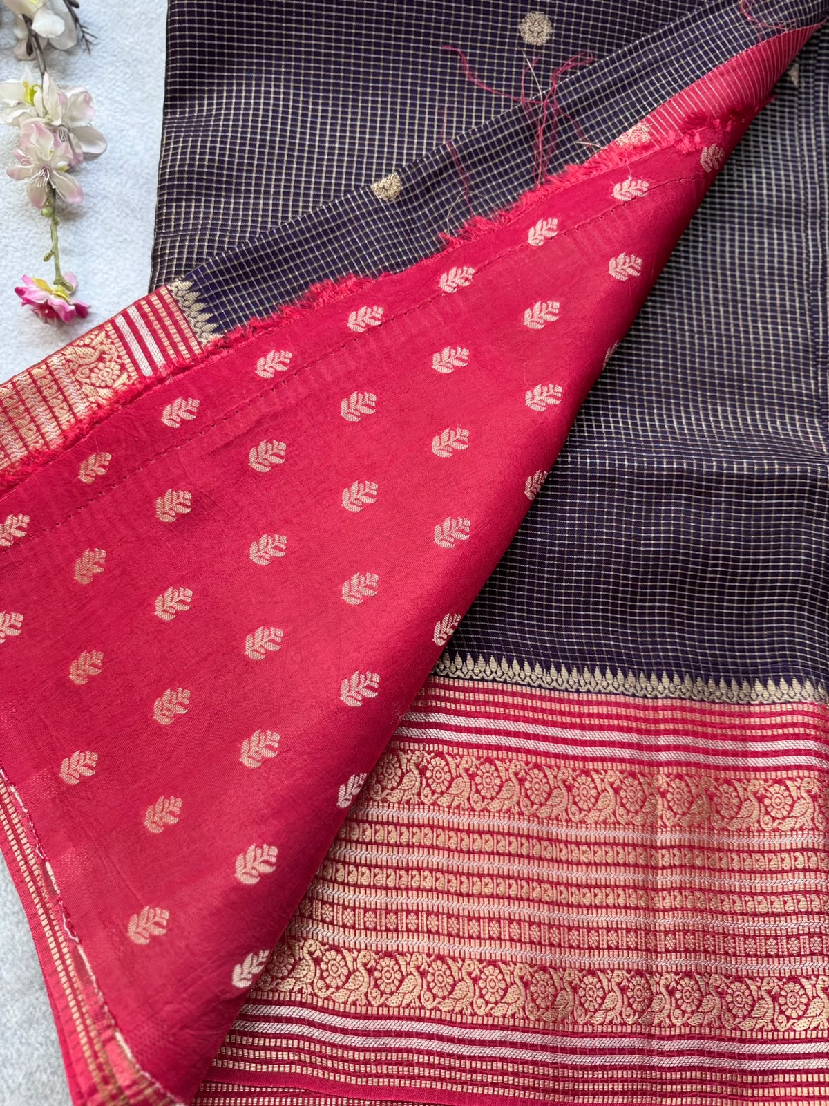 Navy Blue Checks Semi Crepe Saree 109