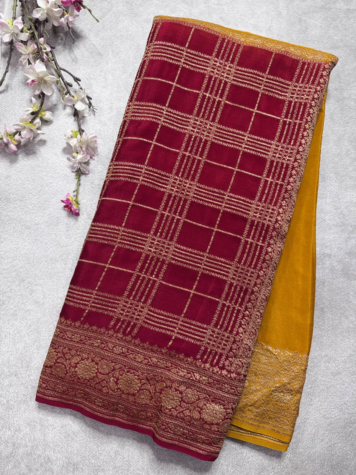 Red n Mustard Half n Half Pure Benarasi Crepe Saree 109