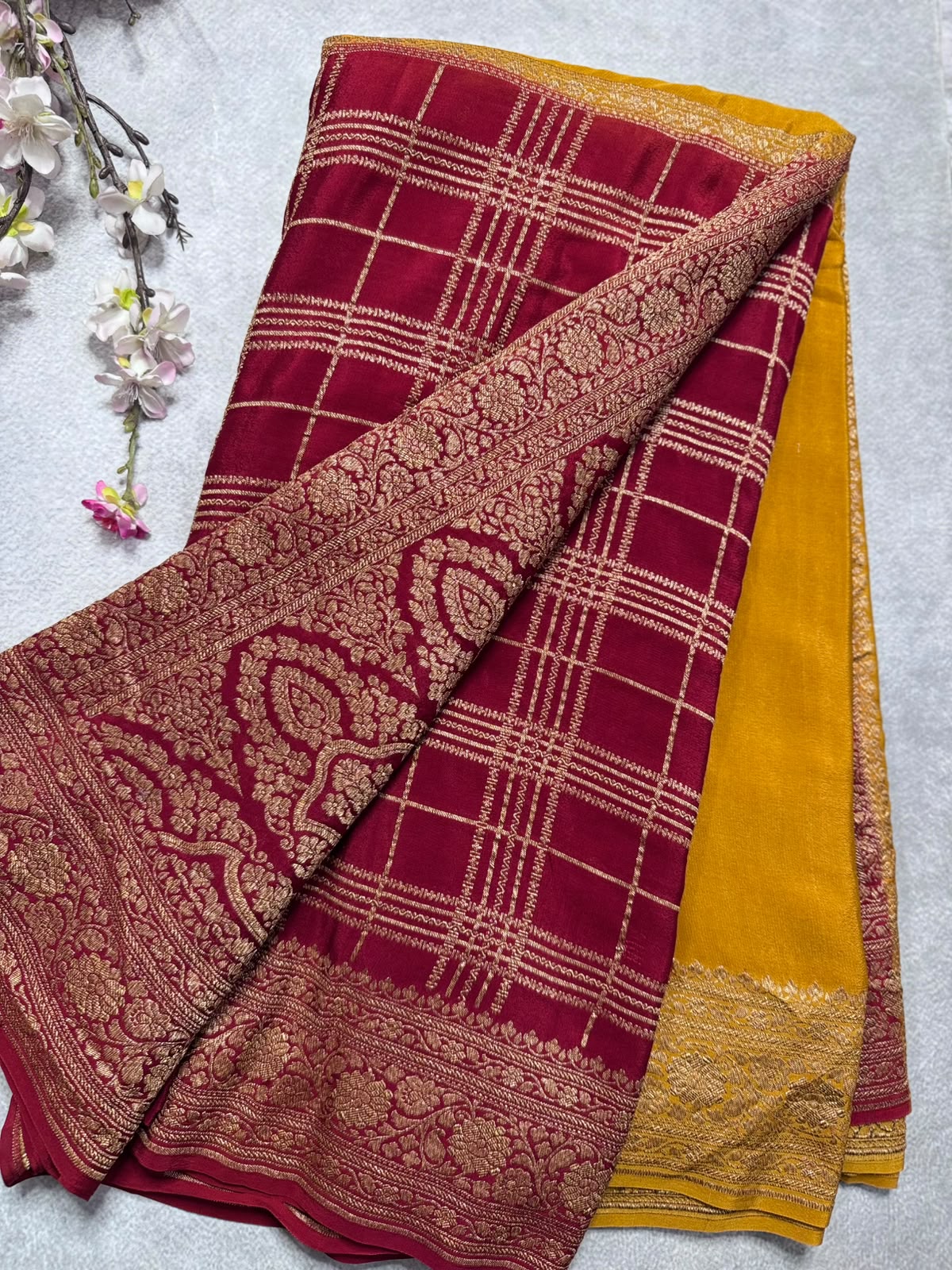 Red n Mustard Half n Half Pure Benarasi Crepe Saree 109