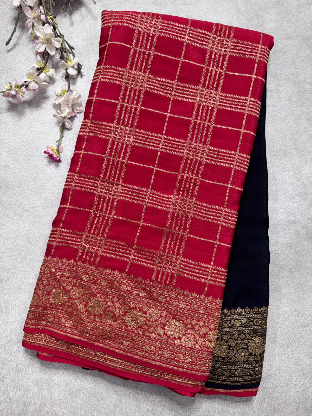 Red n Black Half n Half Pure Benarasi  Crepe Saree 109