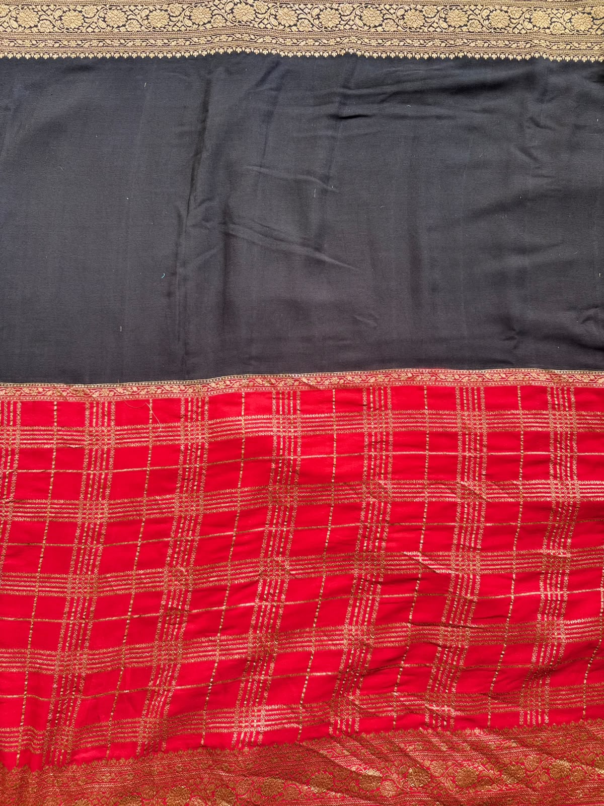 Red n Black Half n Half Pure Benarasi  Crepe Saree 109