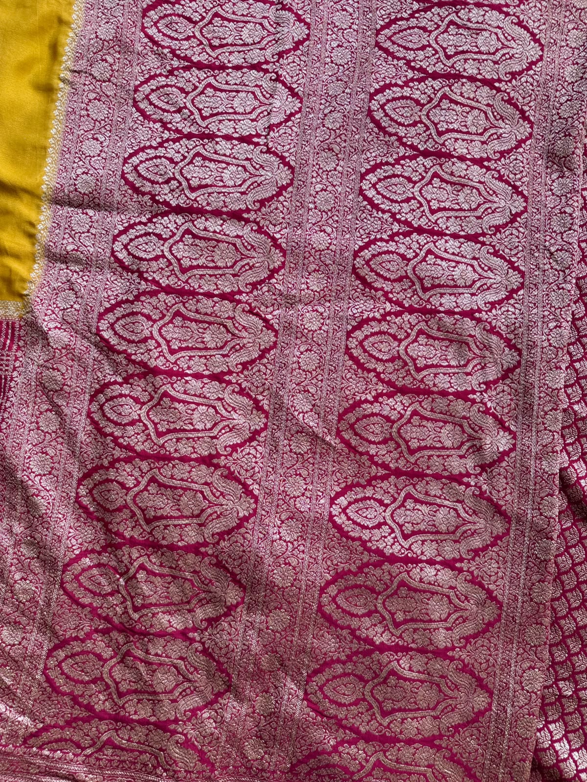 Red n Mustard Half n Half Pure Benarasi Crepe Saree 109