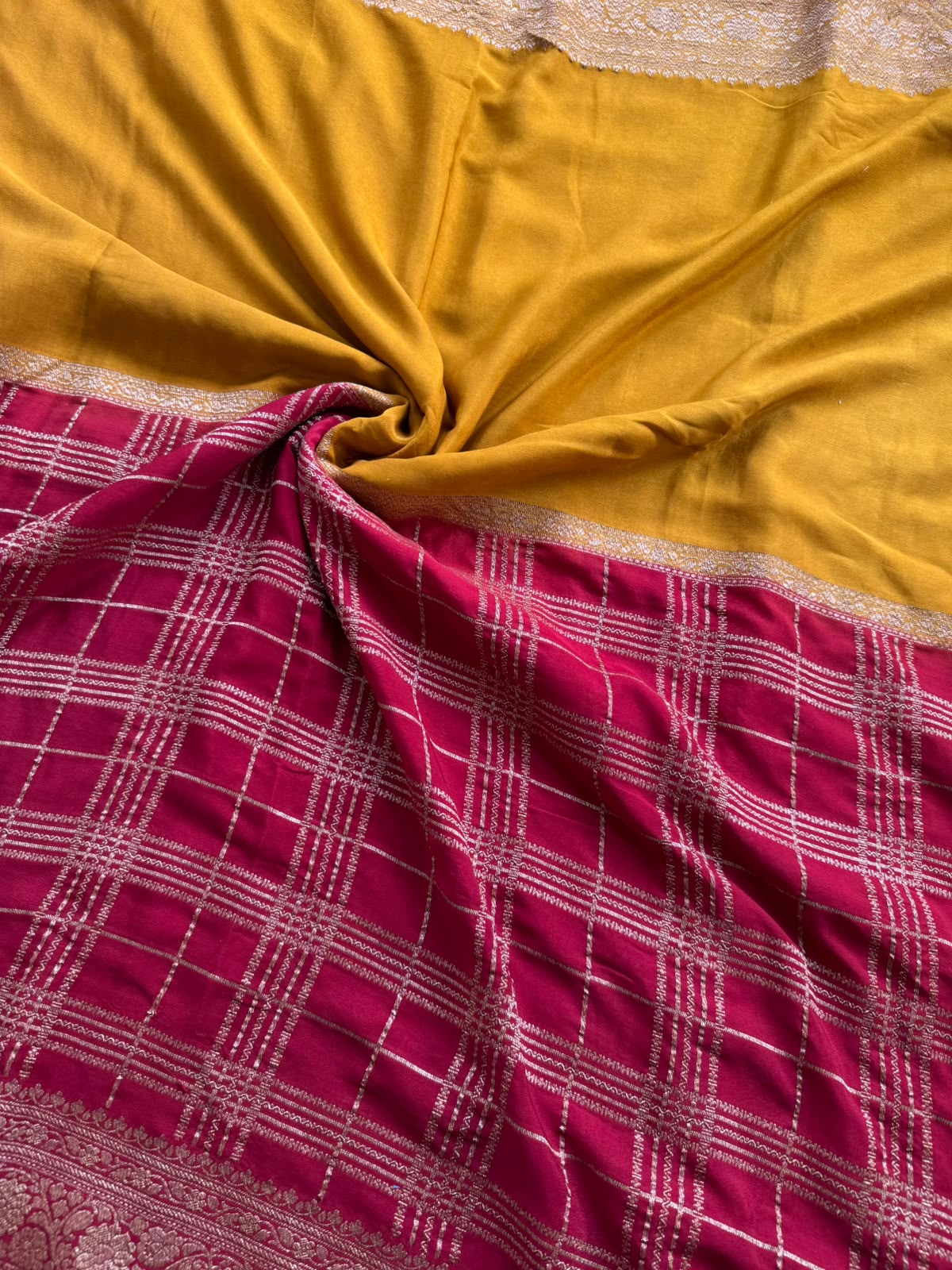 Red n Mustard Half n Half Pure Benarasi Crepe Saree 109
