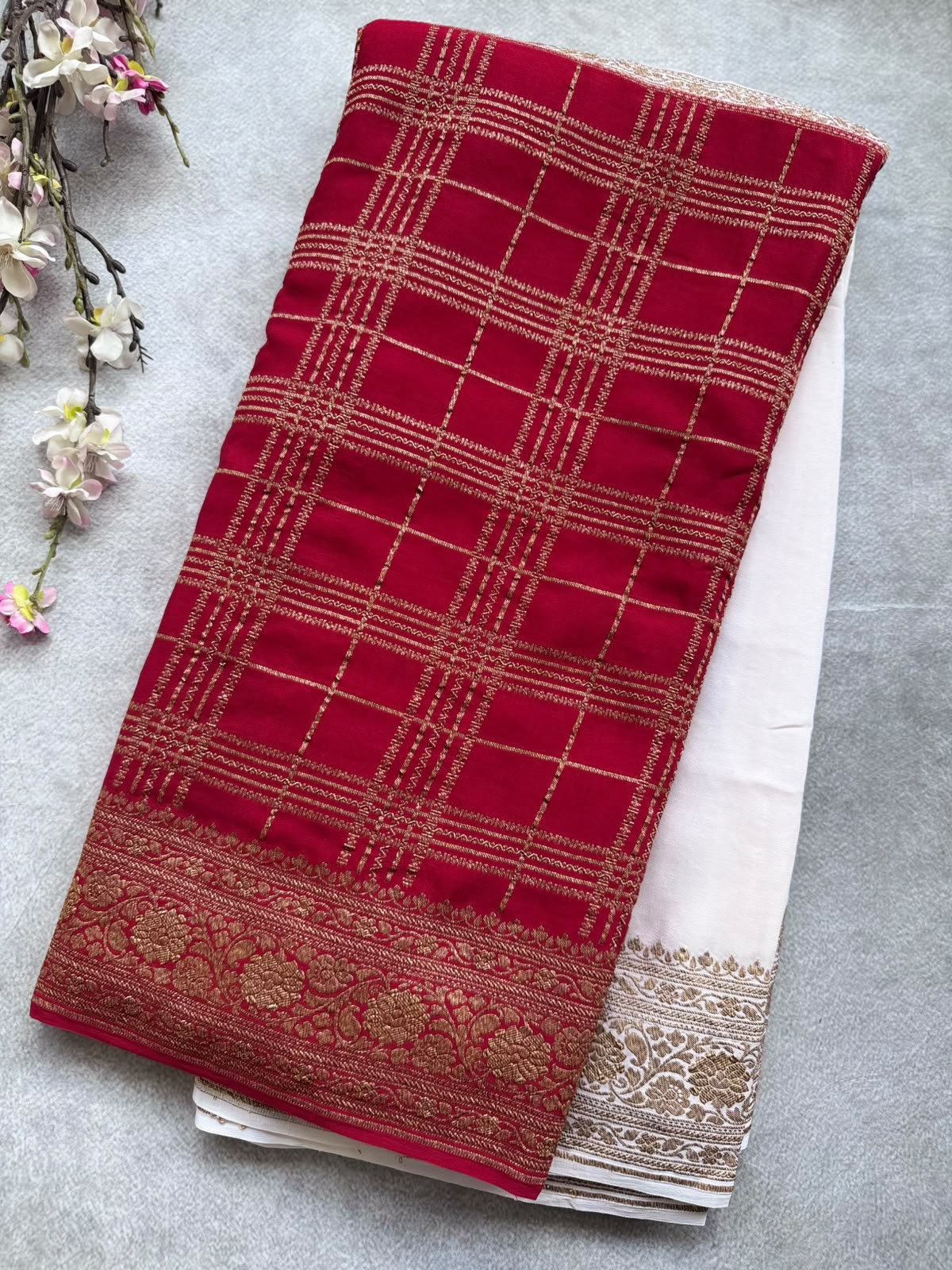 Red n White Half n Half Pure Benarasi Crepe Saree 109