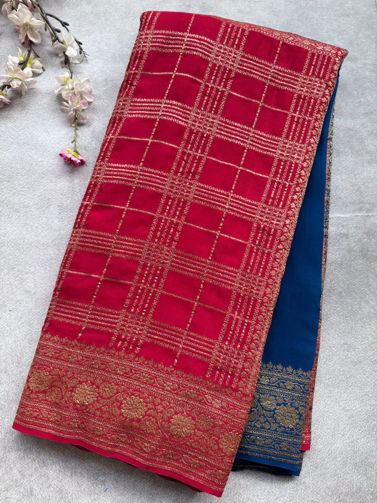 Red n Peacock Blue Half n Half Pure Benarasi Saree 109