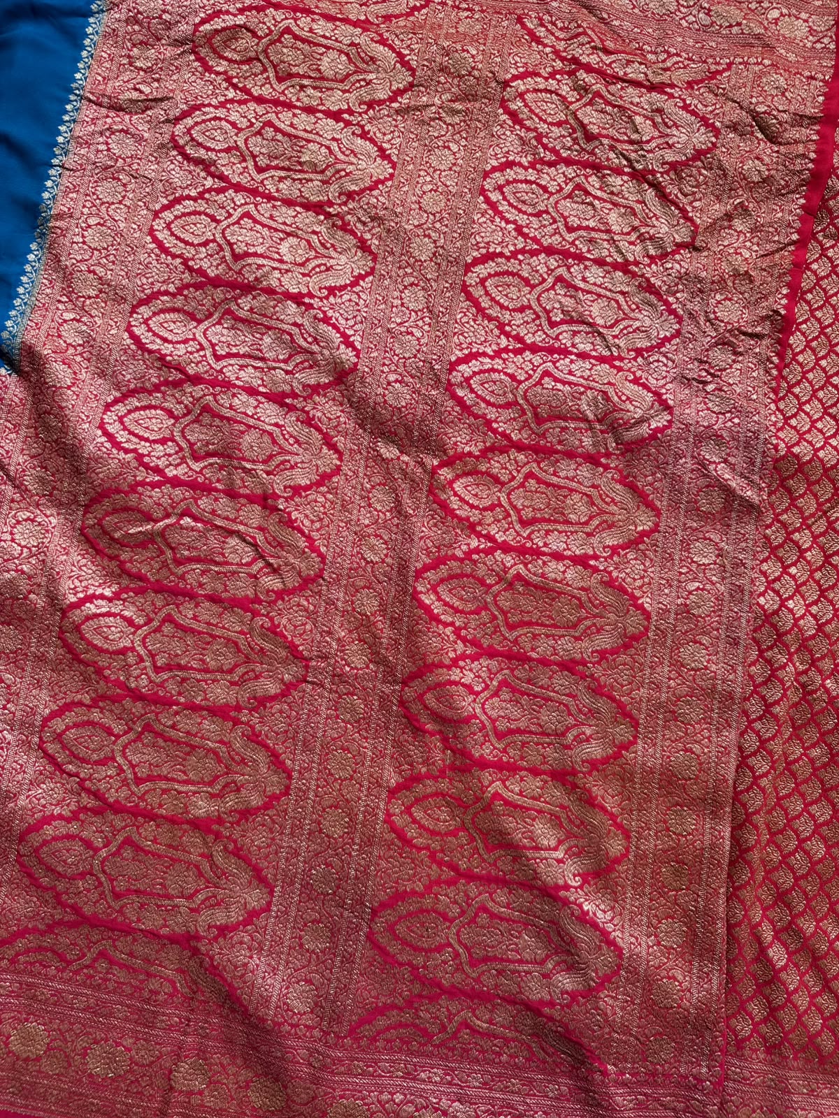 Red n Peacock Blue Half n Half Pure Benarasi Saree 109