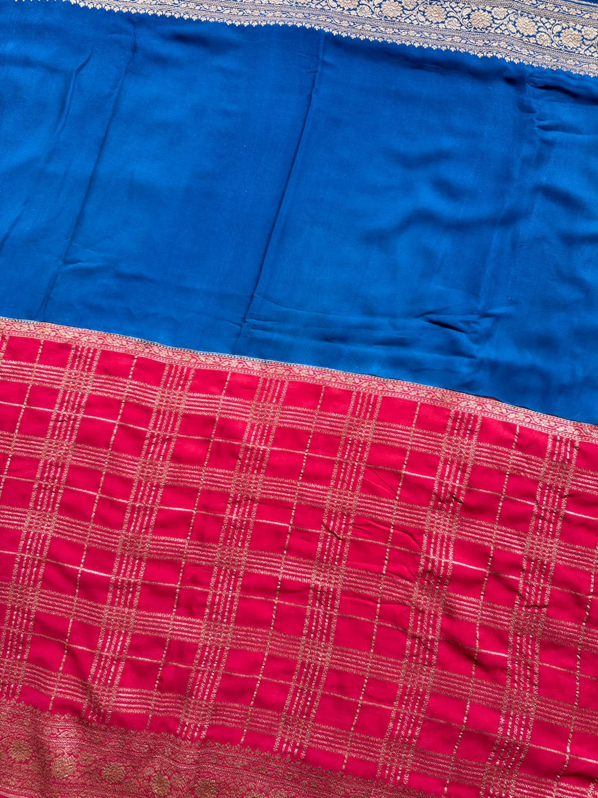 Red n Peacock Blue Half n Half Pure Benarasi Saree 109