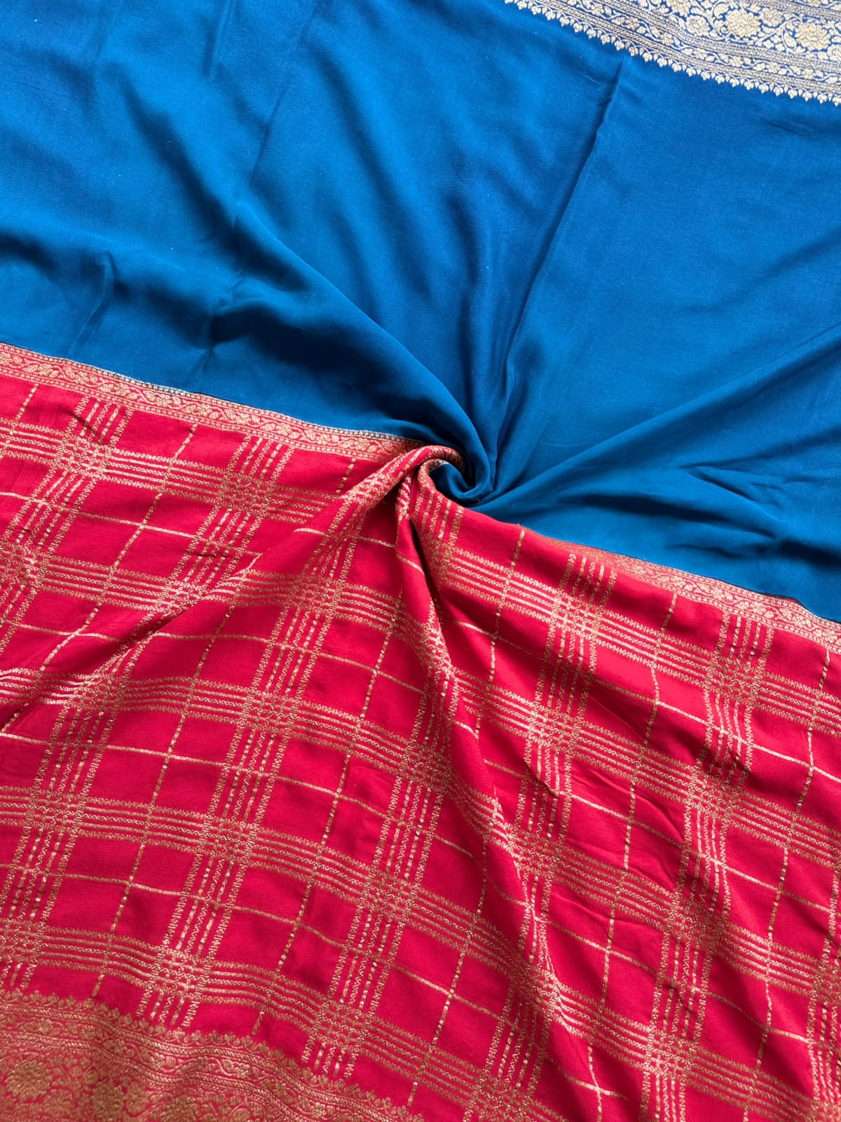 Red n Peacock Blue Half n Half Pure Benarasi Saree 109