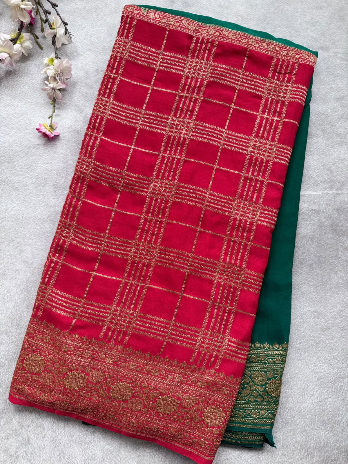 Red n Bottle Green Half n Half Pure Benarasi Crepe Saree 109
