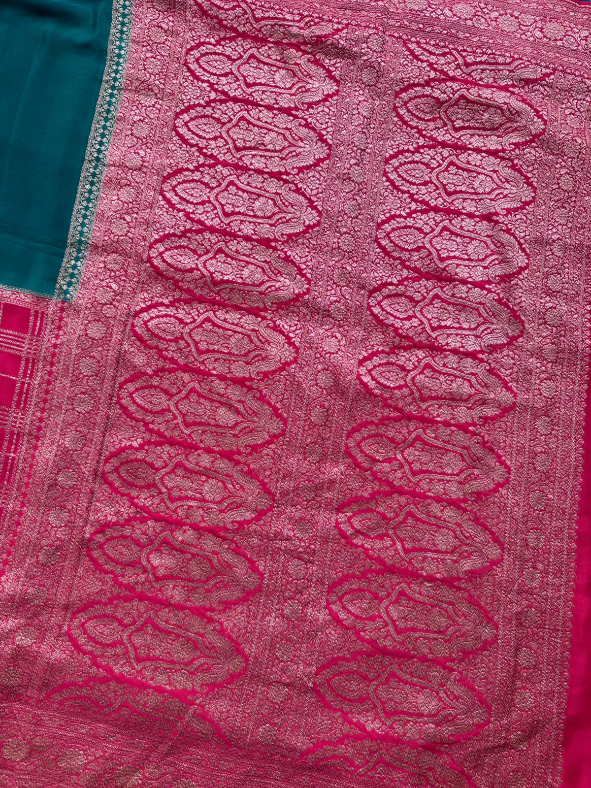 Red n Bottle Green Half n Half Pure Benarasi Crepe Saree 109