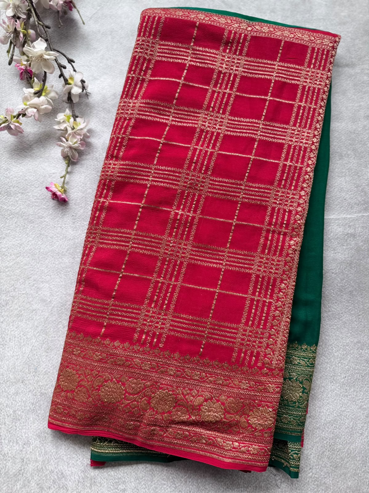 Red n Bottle Green Half n Half Pure Benarasi Crepe Saree 109