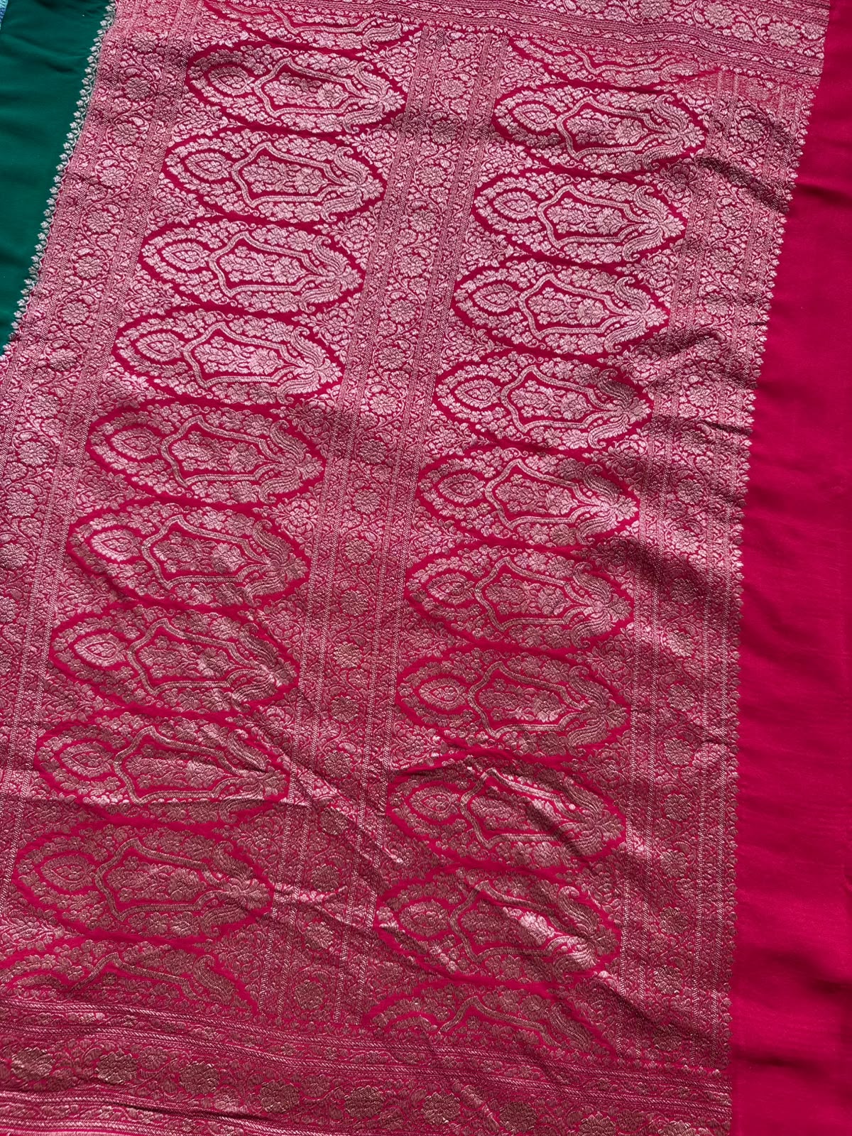Red n Bottle Green Half n Half Pure Benarasi Crepe Saree 109