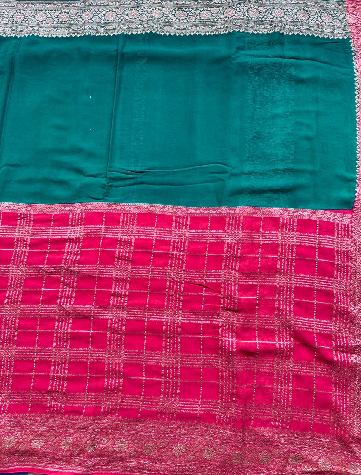 Red n Bottle Green Half n Half Pure Benarasi Crepe Saree 109