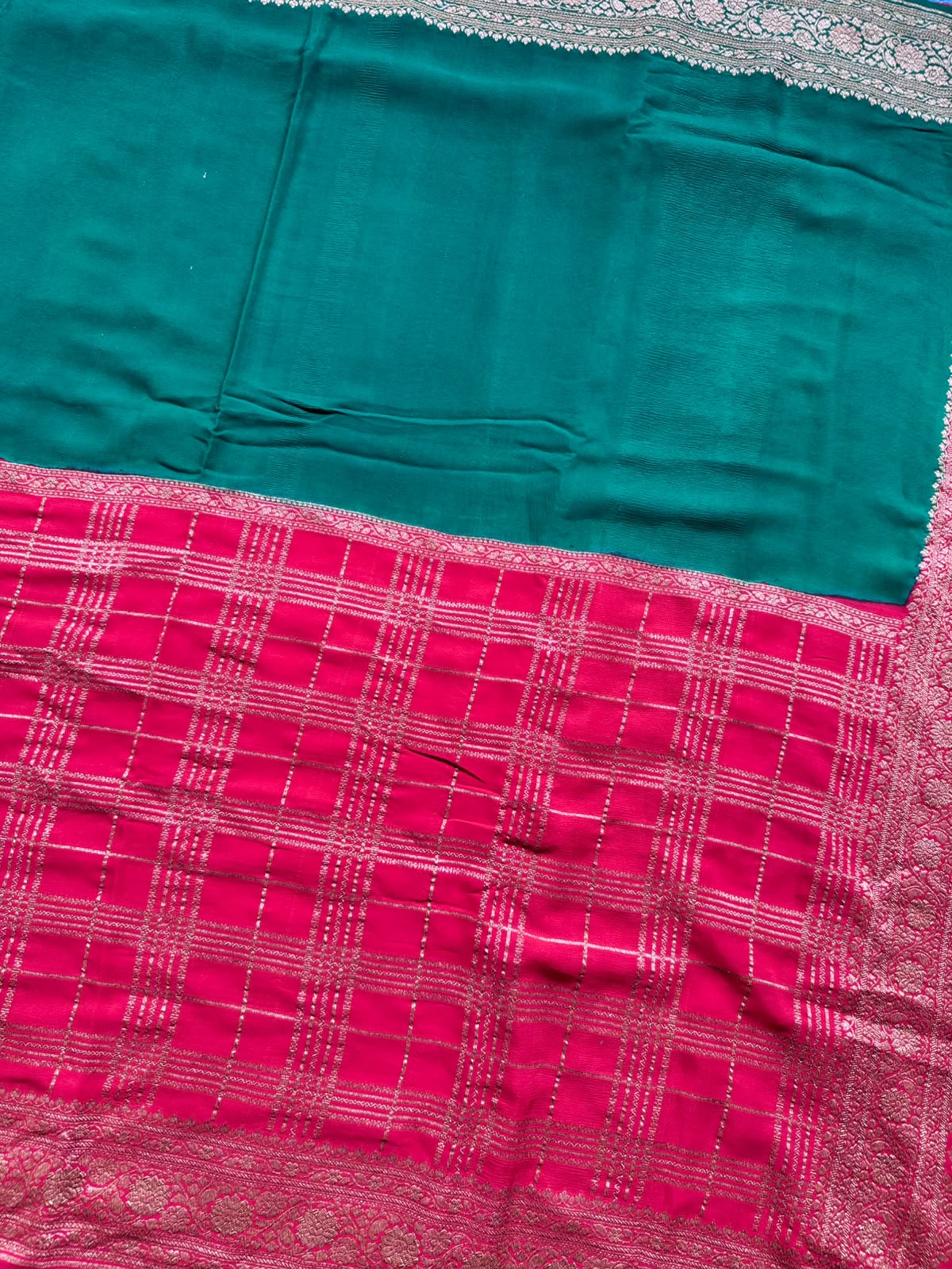 Red n Bottle Green Half n Half Pure Benarasi Crepe Saree 109