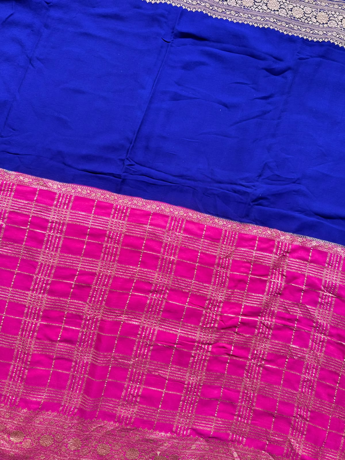 Magenta n Royal Blue Half n Half Pure Benarasi Crepe Saree 109