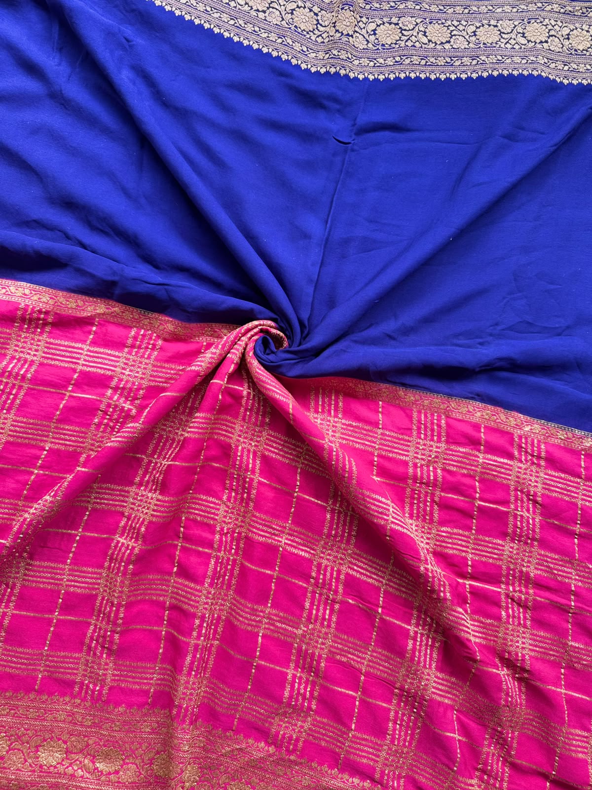Magenta n Royal Blue Half n Half Pure Benarasi Crepe Saree 109