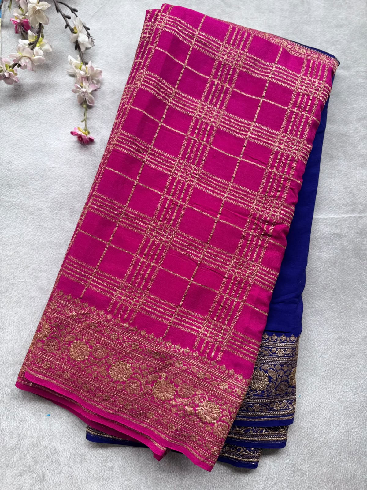Magenta n Royal Blue Half n Half Pure Benarasi Crepe Saree 109