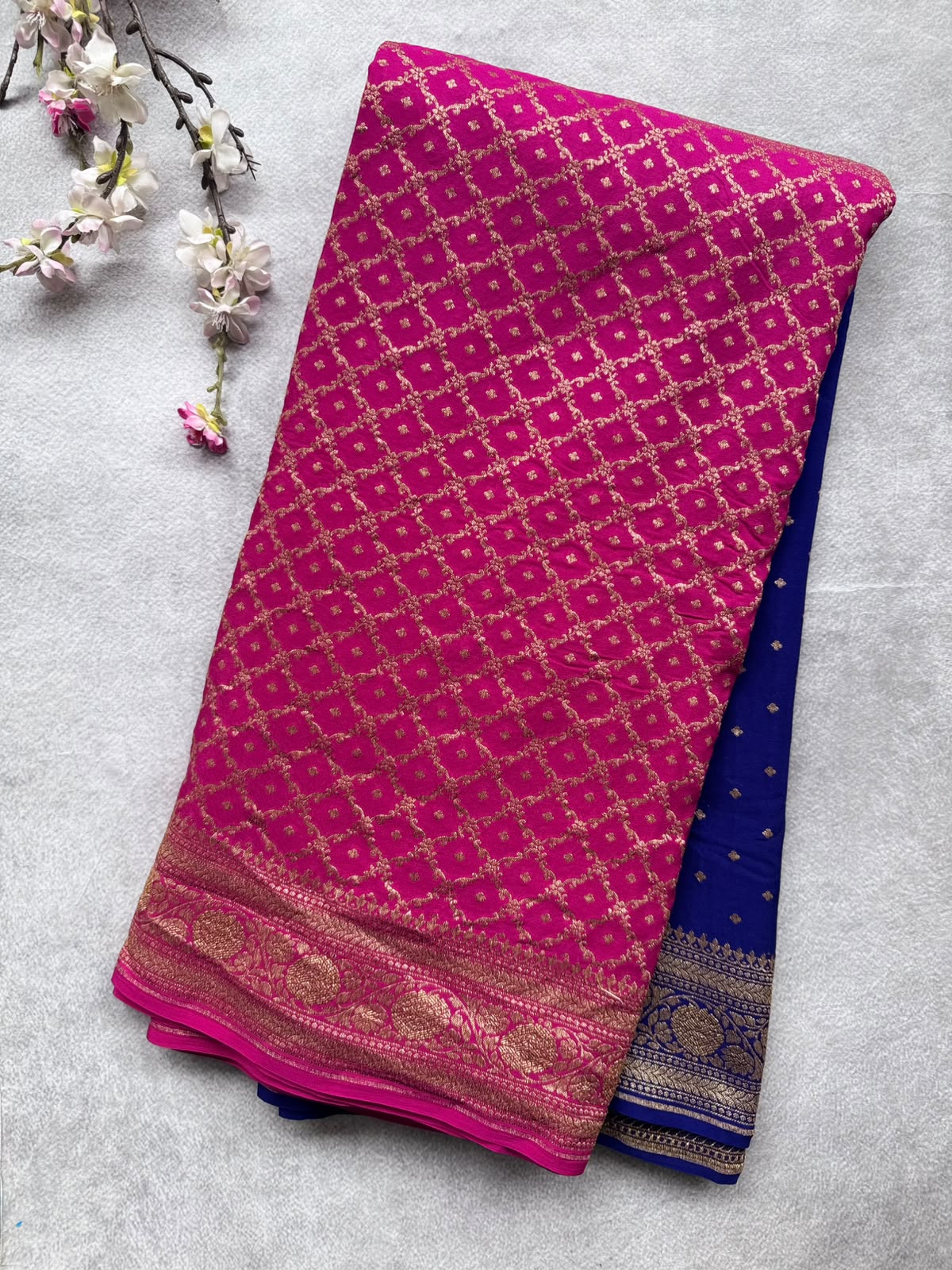 Magenta n Royal Blue Half n Half Pure Benarasi Crepe Saree 109