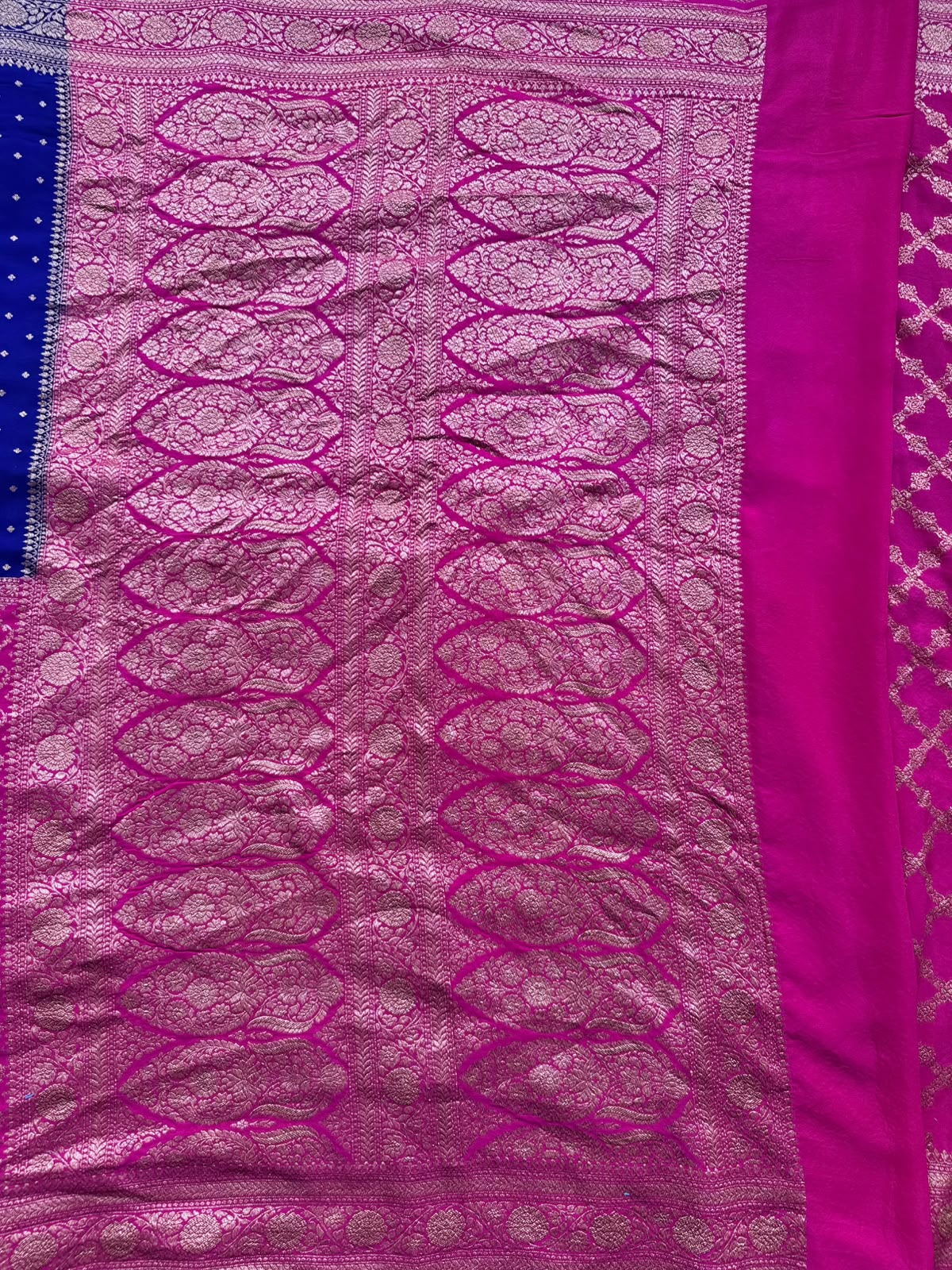 Magenta n Royal Blue Half n Half Pure Benarasi Crepe Saree 109