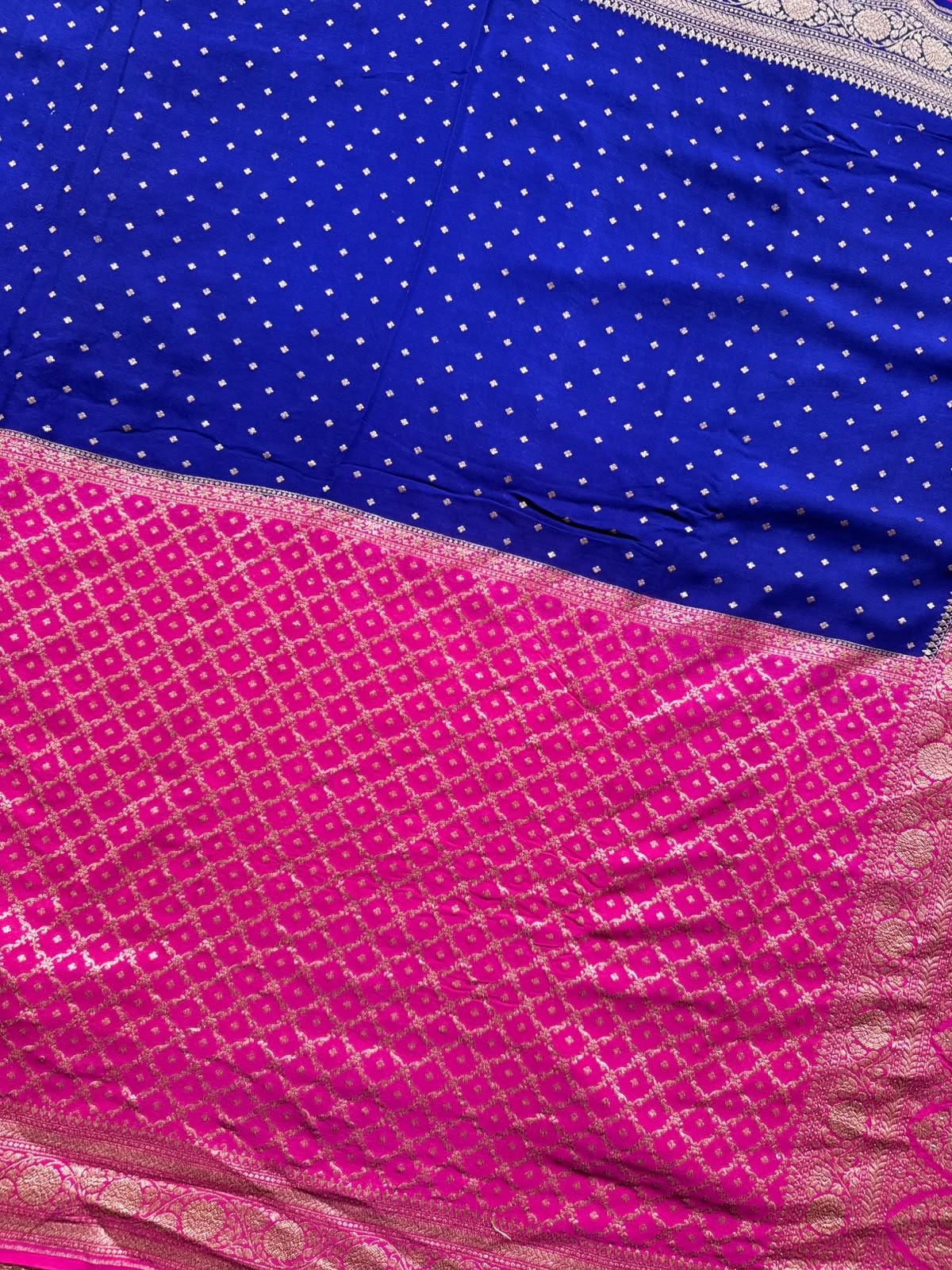Magenta n Royal Blue Half n Half Pure Benarasi Crepe Saree 109