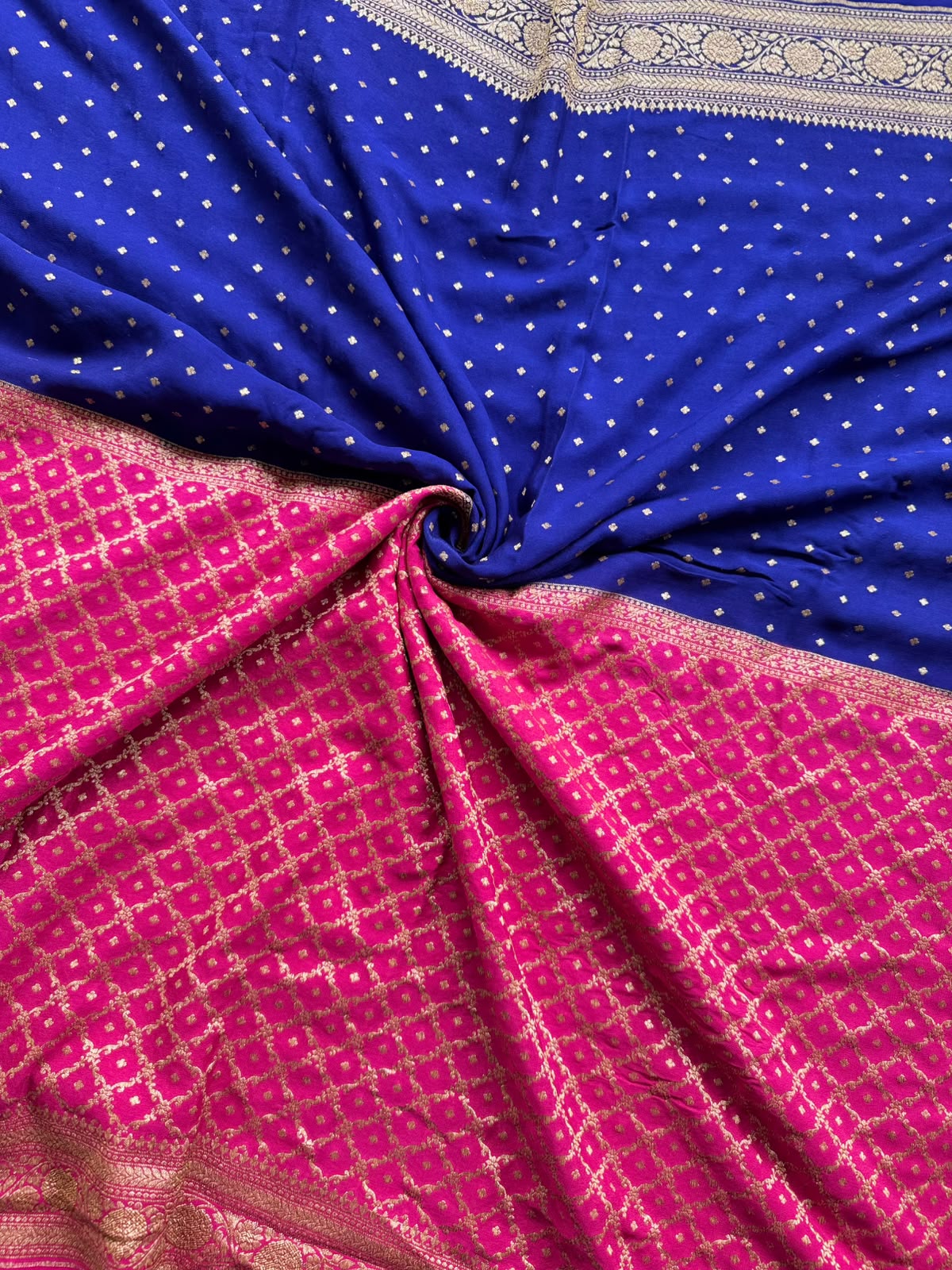 Magenta n Royal Blue Half n Half Pure Benarasi Crepe Saree 109